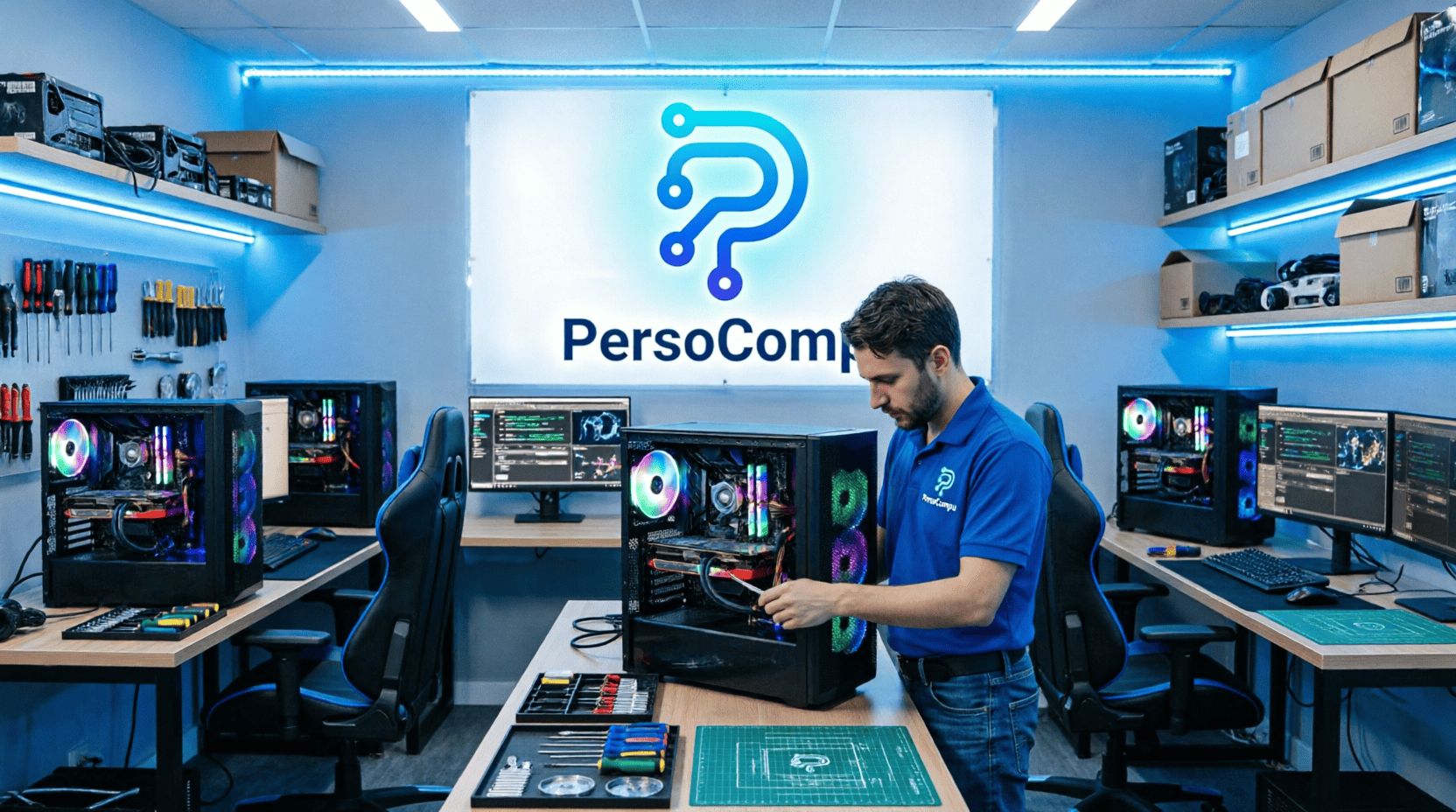 Mesa de trabajo del taller con equipos en reparación